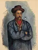 Paul Cézanne, 1890–92, Man with a Pipe (Study for The Card Players), oil on canvas, 39 × 30.2&nbsp;cm, Nelson-Atkins Museum of Art, Kansas City